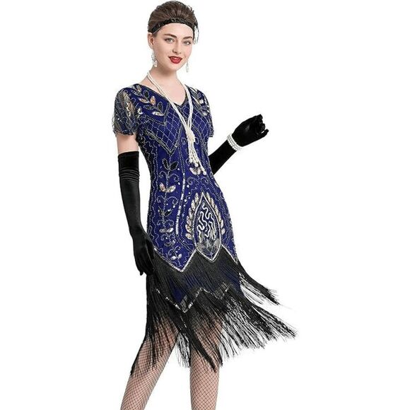 ✨💙 Flapper Great Gatsby 1920s Retro Tassel Fringe Sequin Blue Dress XL NEW - Picture 5 of 15